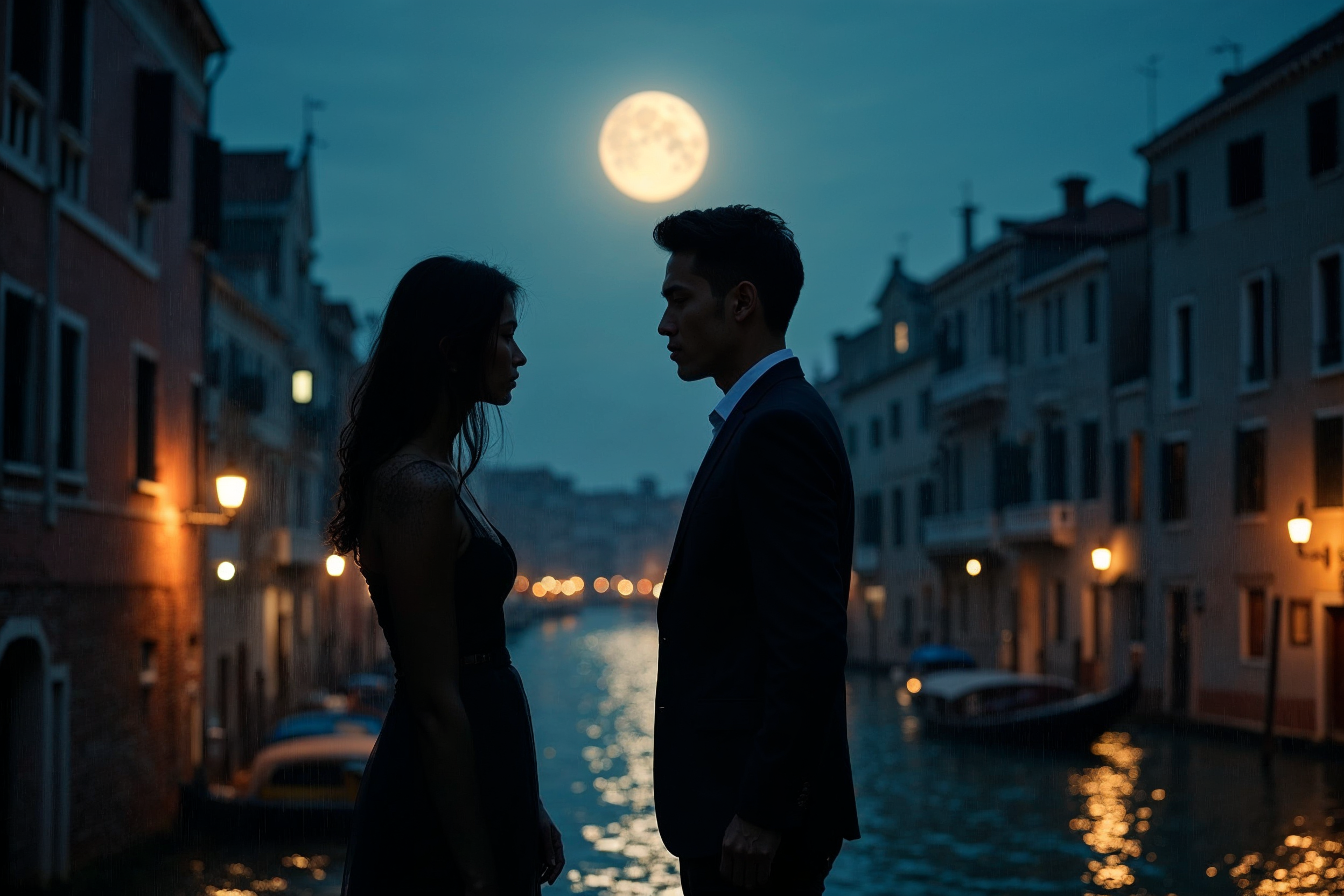 Silhouette couple facing Venice canal at night Silhouette couple facing Venice canal at night