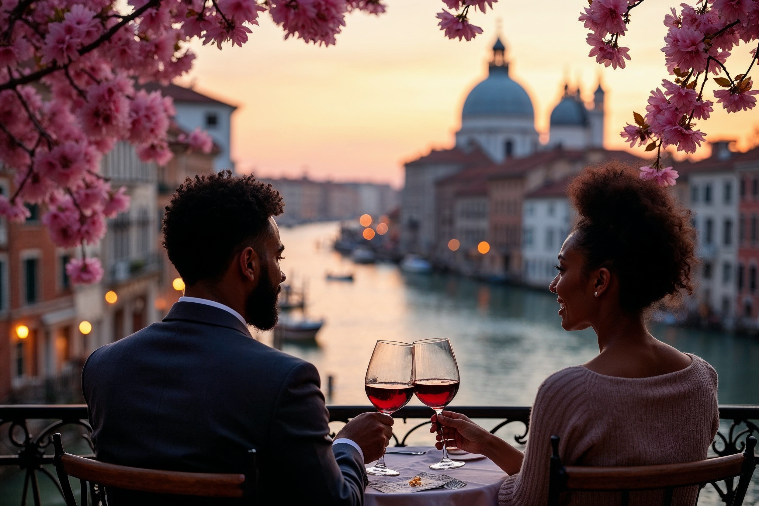 African-American couple toasting wine Venice balcony African-American couple toasting wine Venice balcony