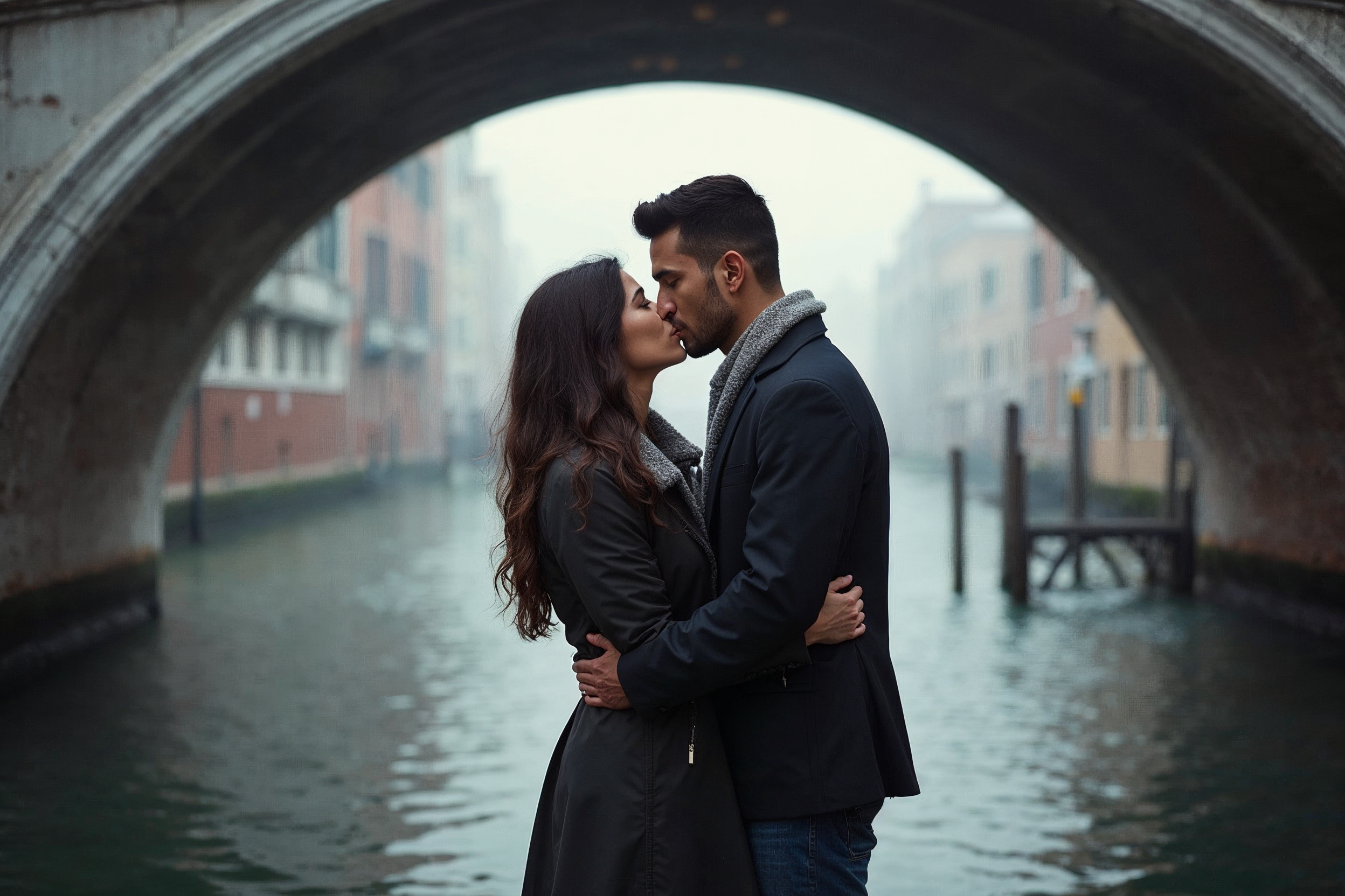 Couple kissing under Venice bridge Couple kissing under Venice bridge