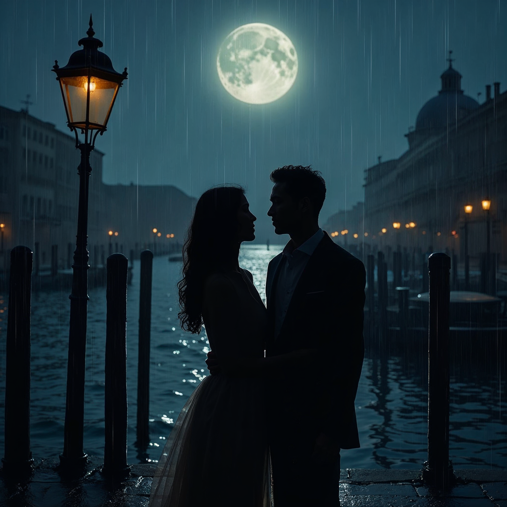 Romantic couple embracing in rainy Venice night Romantic couple embracing in rainy Venice night
