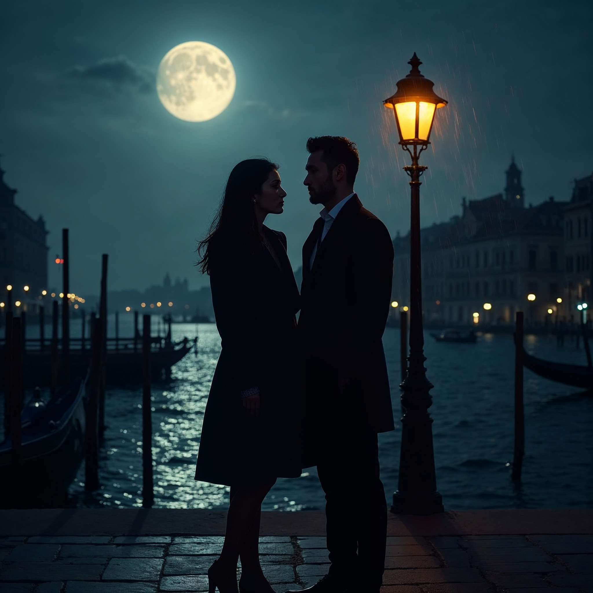 Romantic couple embracing Venice canal night Romantic couple embracing Venice canal night