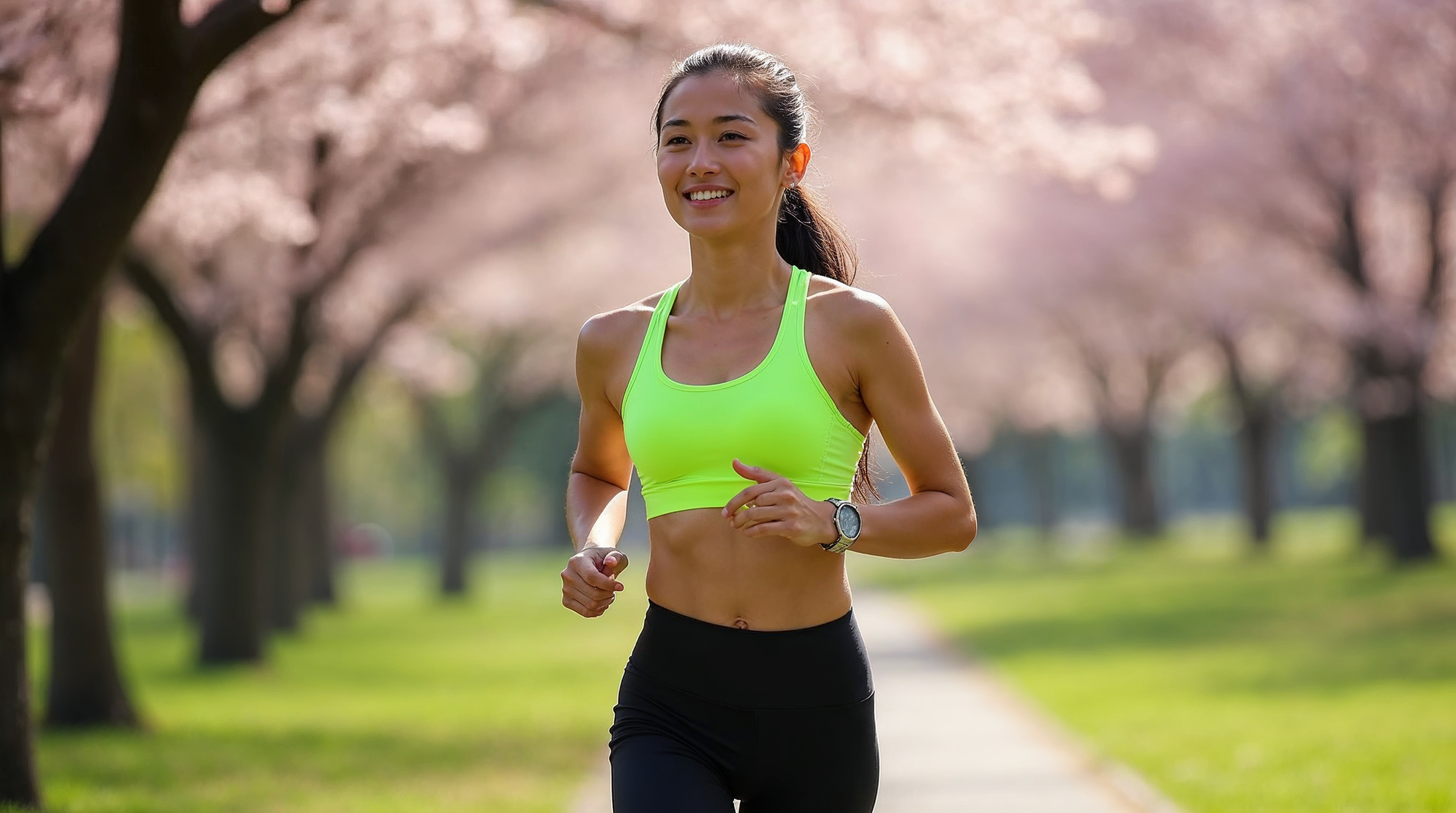 Asian woman jogging cherry blossoms Asian woman jogging cherry blossoms