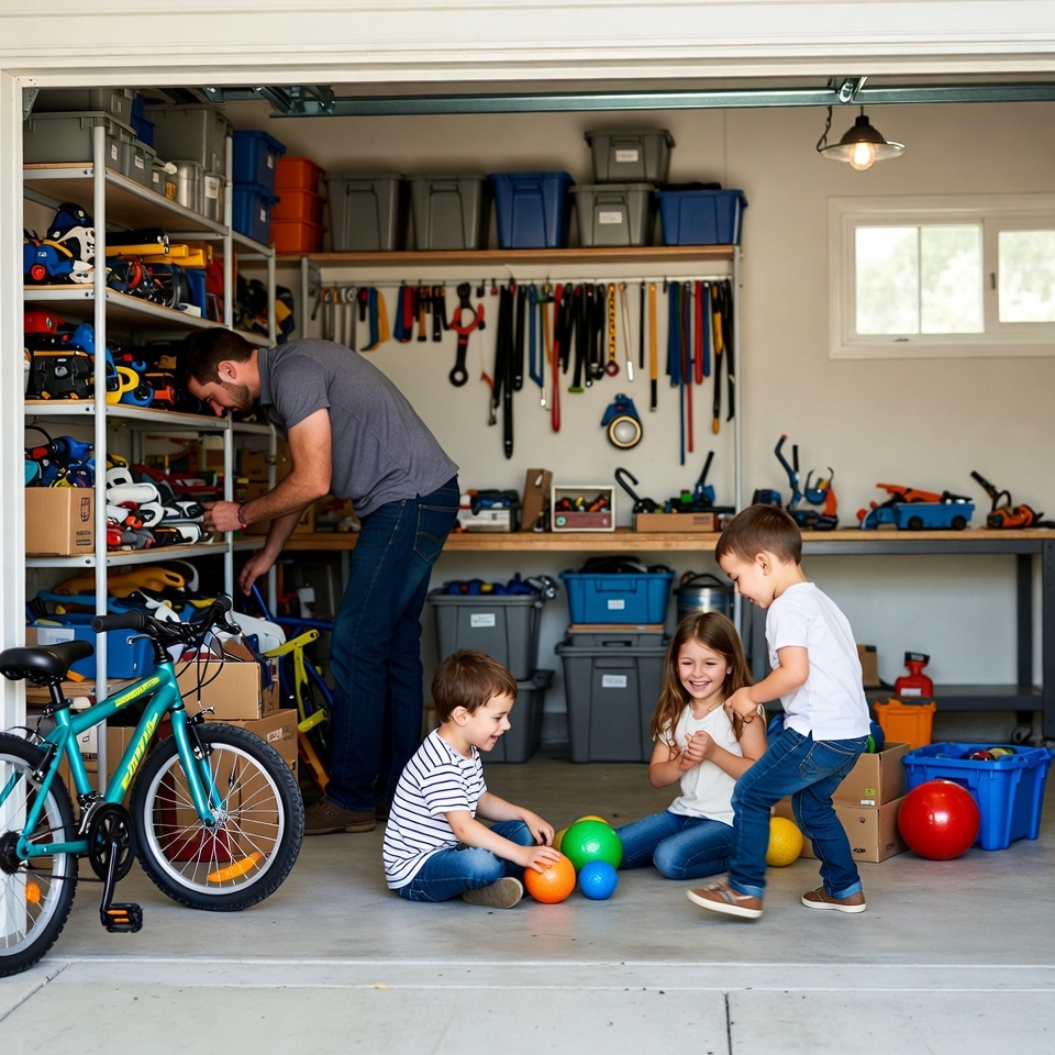 Family playing with toys in garage Family playing with toys in garage