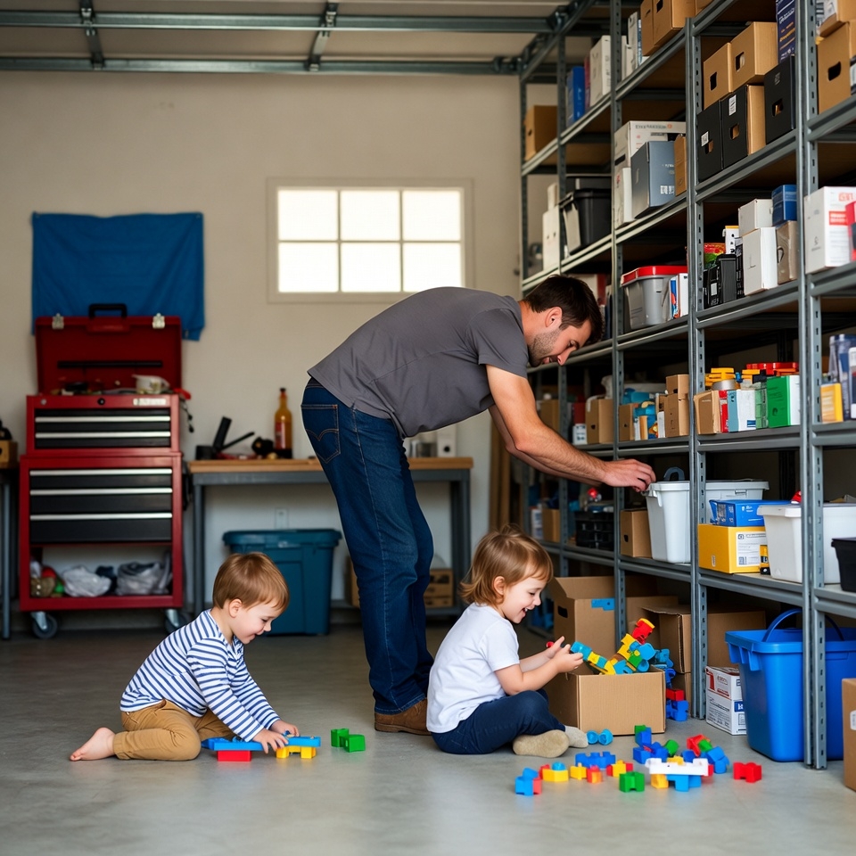Father and kids playing blocks in garage Father and kids playing blocks in garage