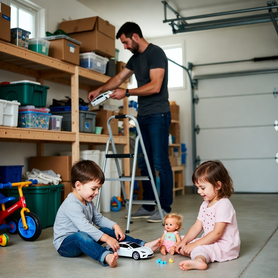 Father and kids playing in garage Father and kids playing in garage