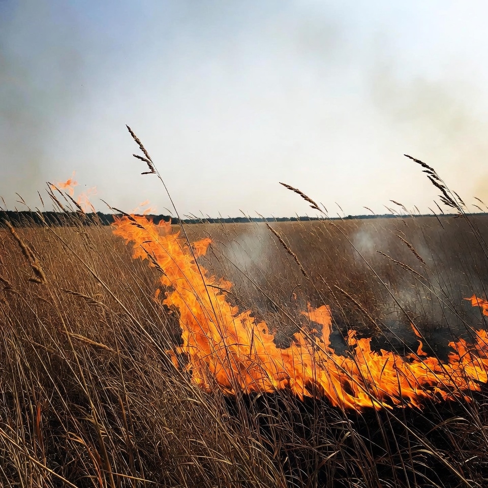 Grass Field Burning with Flames Grass Field Burning with Flames