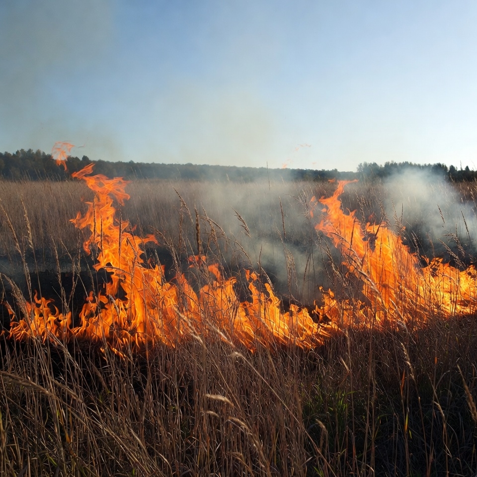 Grass Field Burning with Flames Grass Field Burning with Flames