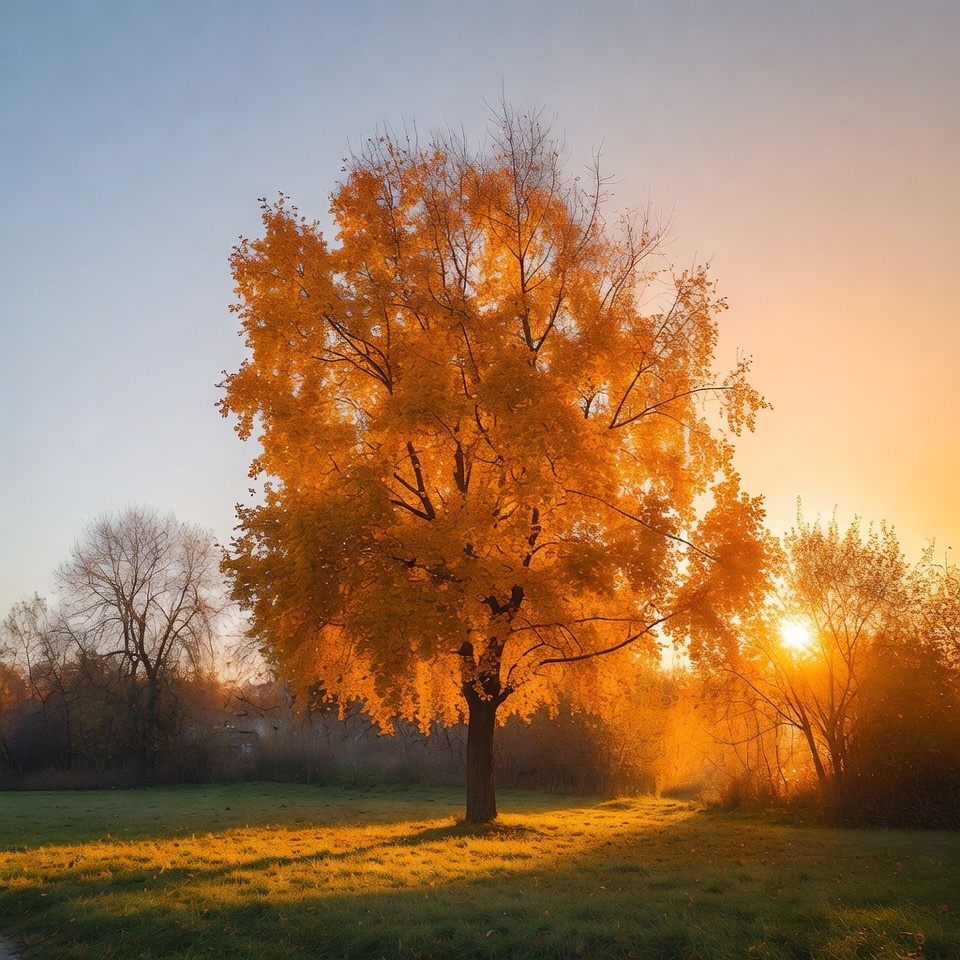 Autumn Tree in Golden Sunrise Field Autumn Tree in Golden Sunrise Field