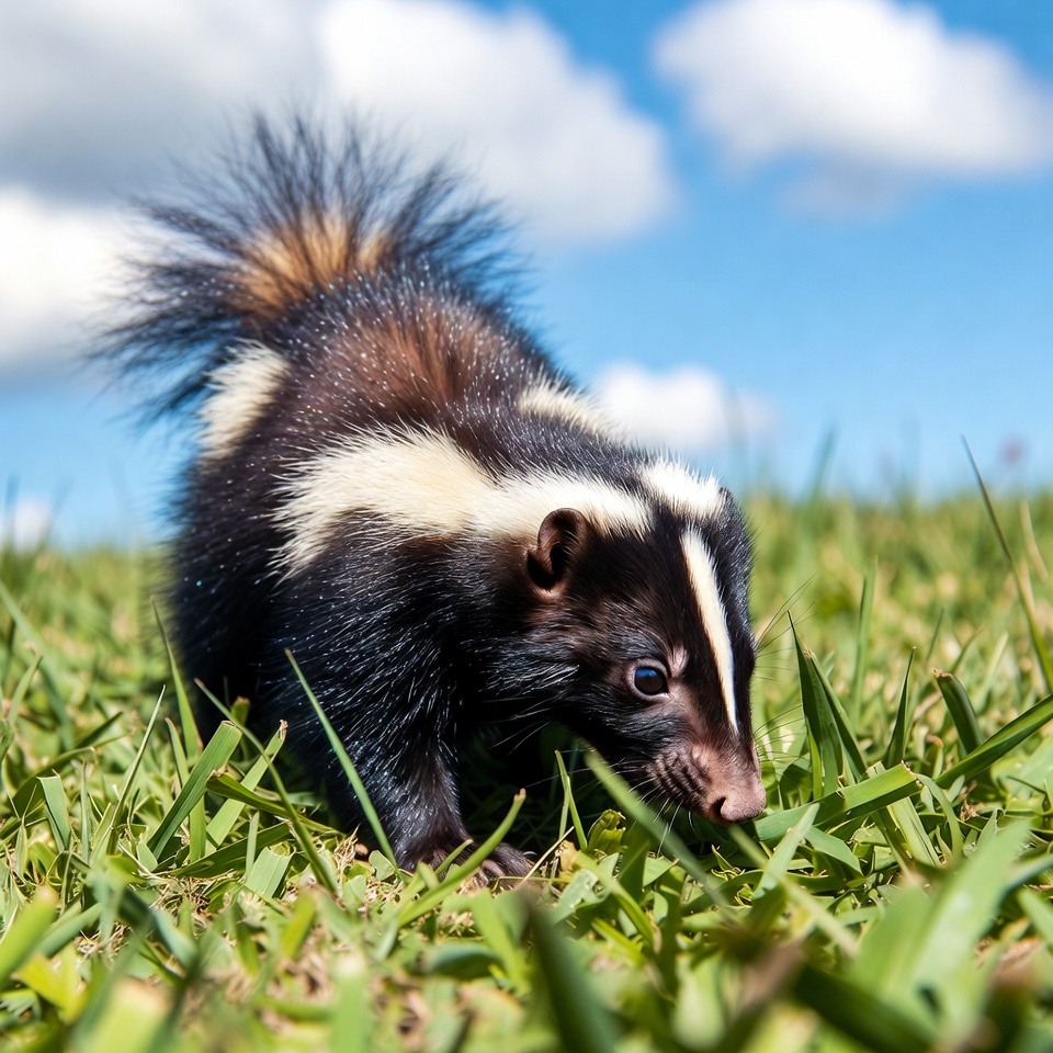 Baby skunk in green grass Baby skunk in green grass