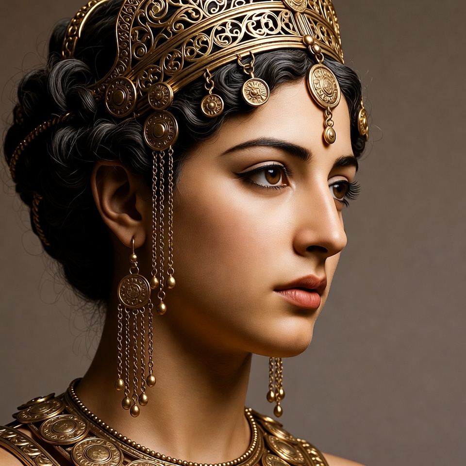 Woman in gold ancient crown profile Woman in gold ancient crown profile