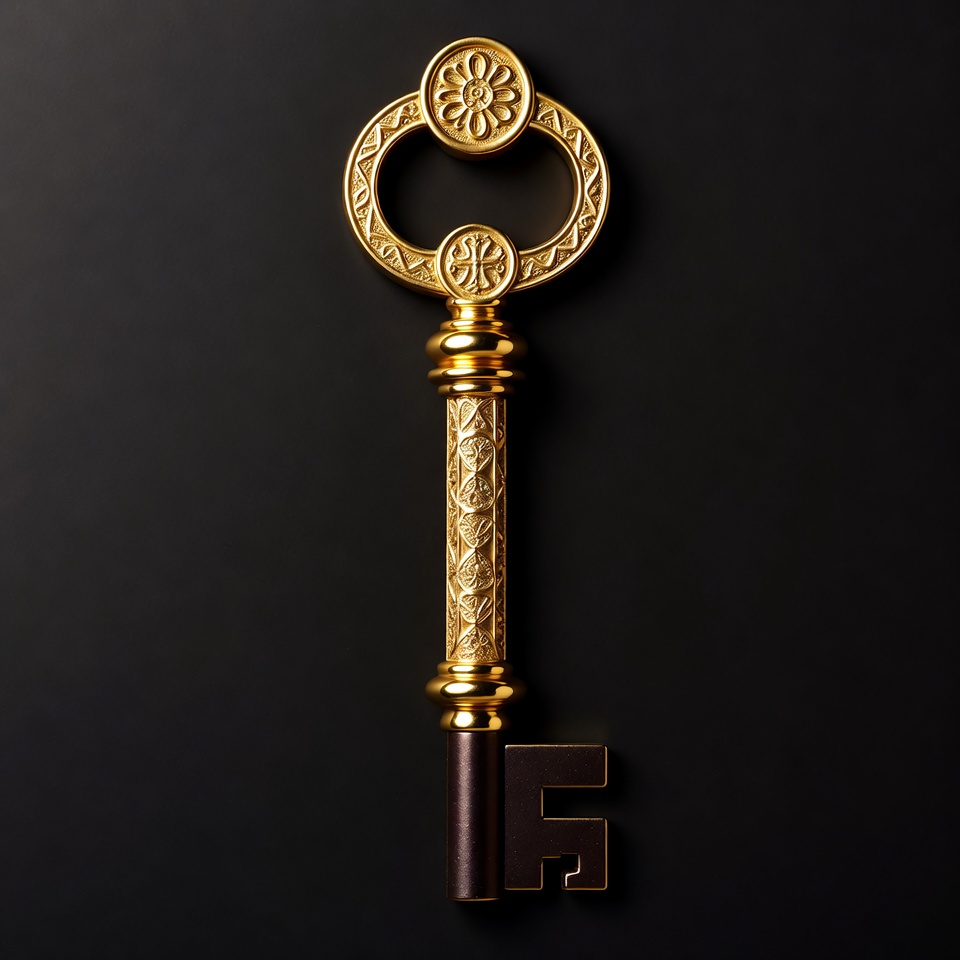 Golden ornate key on black background Golden ornate key on black background