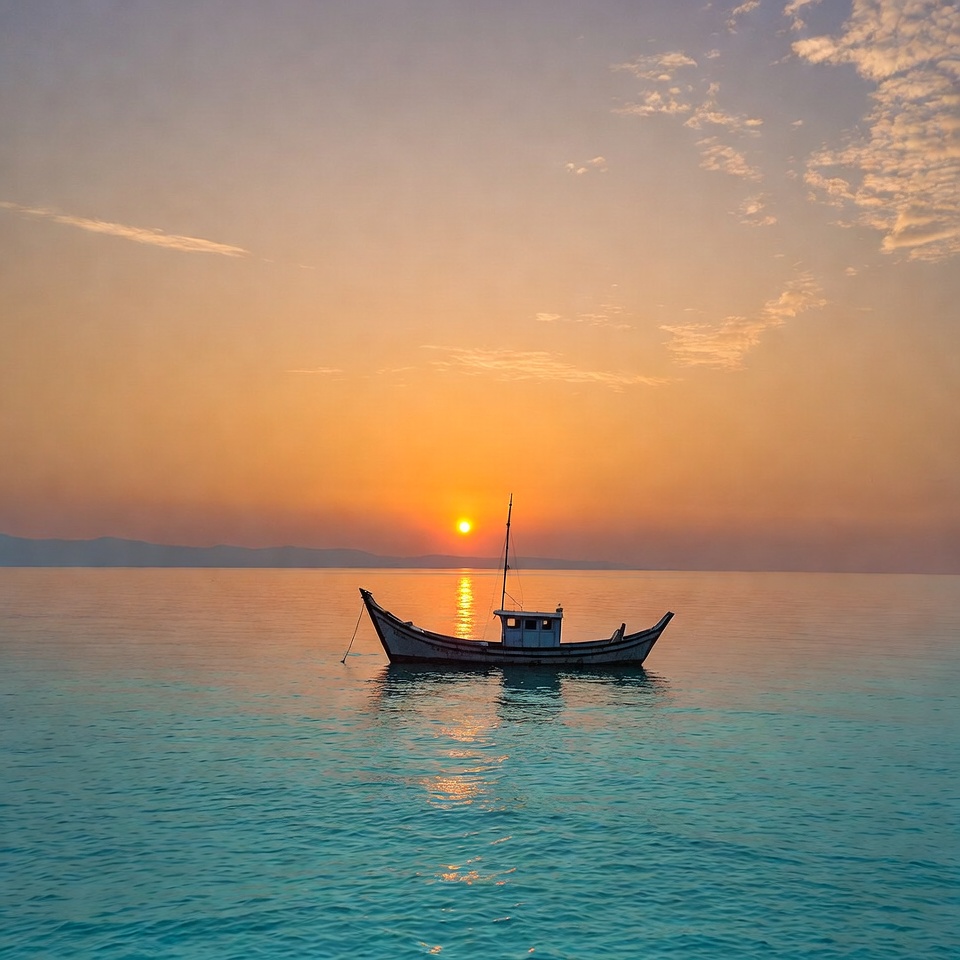 Fishing Boat on Calm Sea at Sunset Fishing Boat on Calm Sea at Sunset