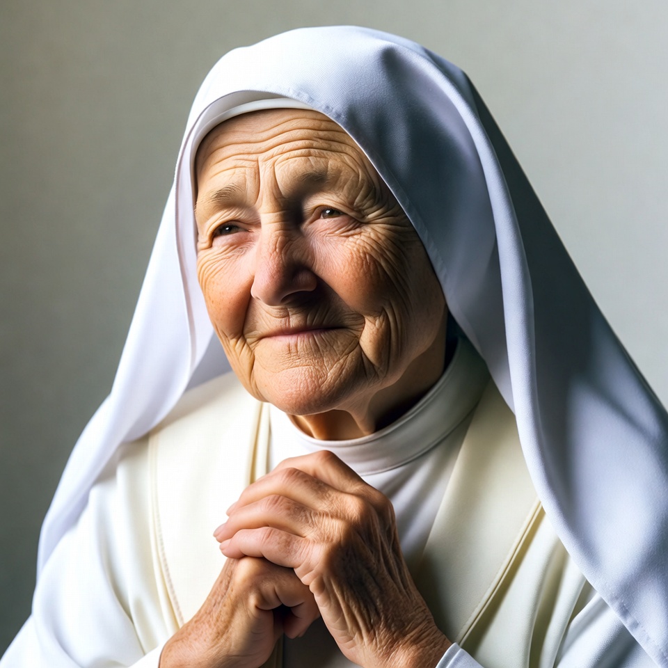 Elderly nun praying with hands clasped Elderly nun praying with hands clasped