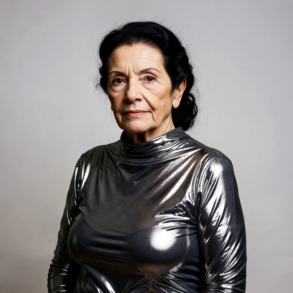 Elderly woman in shiny silver top Elderly woman in shiny silver top