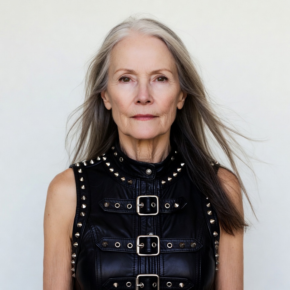 Elderly woman in black studded leather vest Elderly woman in black studded leather vest
