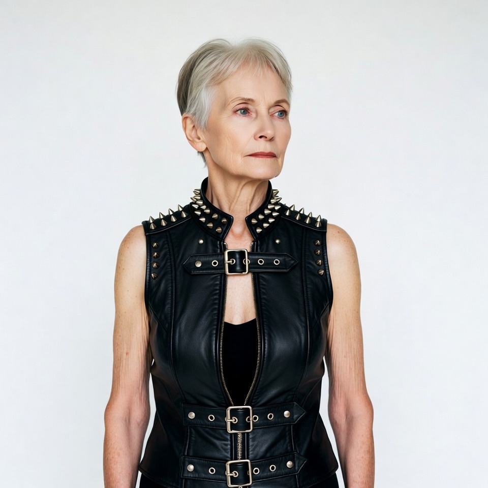 Elderly woman in spiked leather vest Elderly woman in spiked leather vest