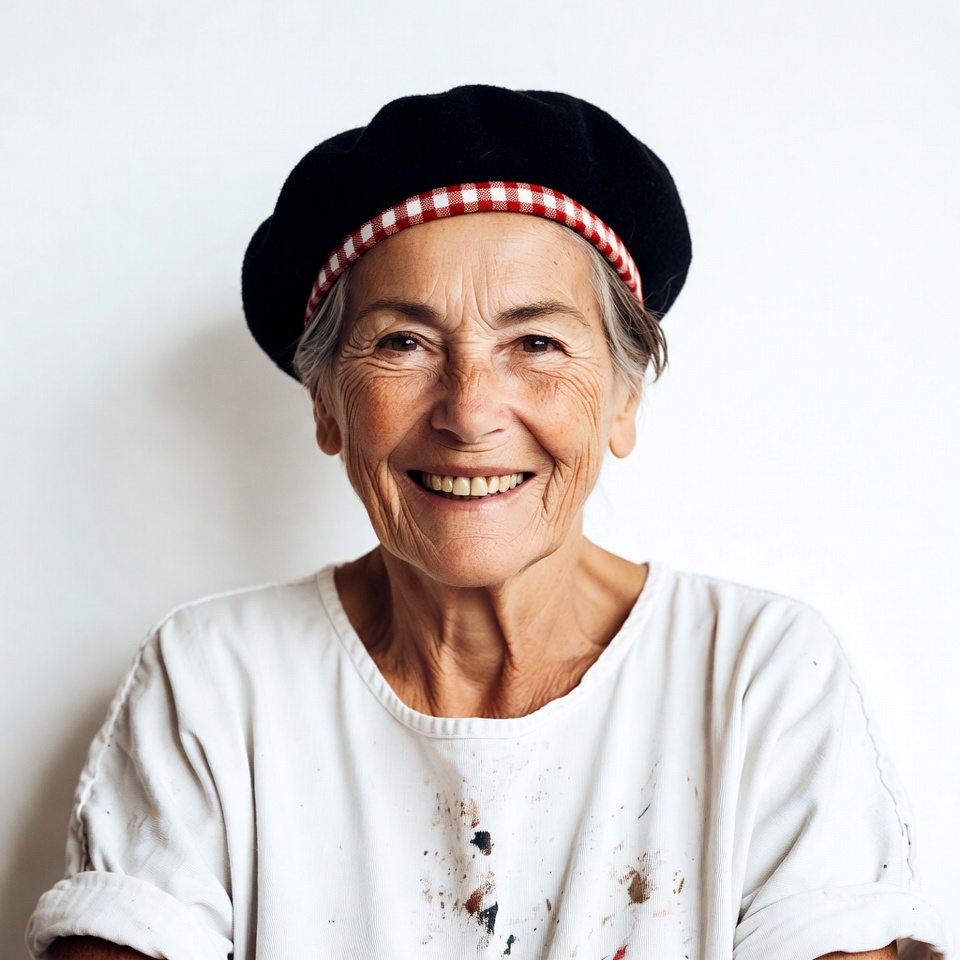 Elderly woman wearing checkered beret Elderly woman wearing checkered beret