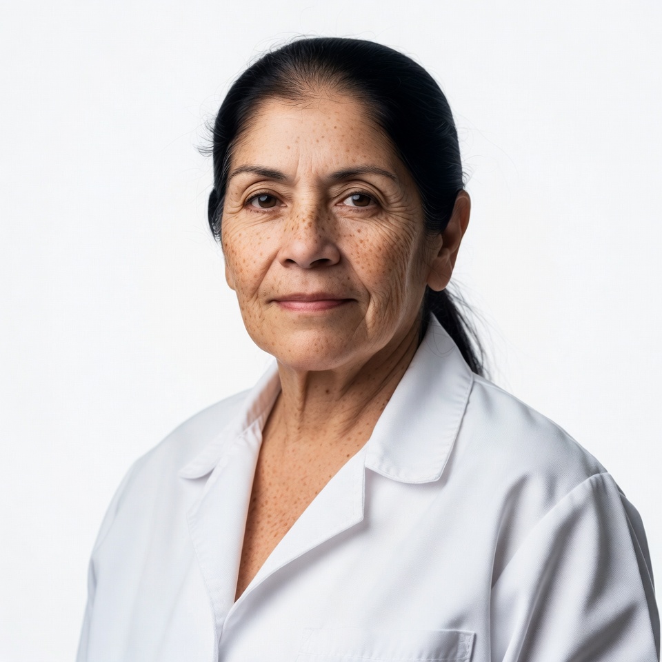 Older Latina woman in white lab coat Older Latina woman in white lab coat
