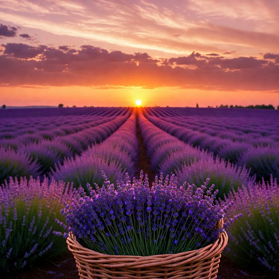Lavender Field Sunset with Basket Lavender Field Sunset with Basket