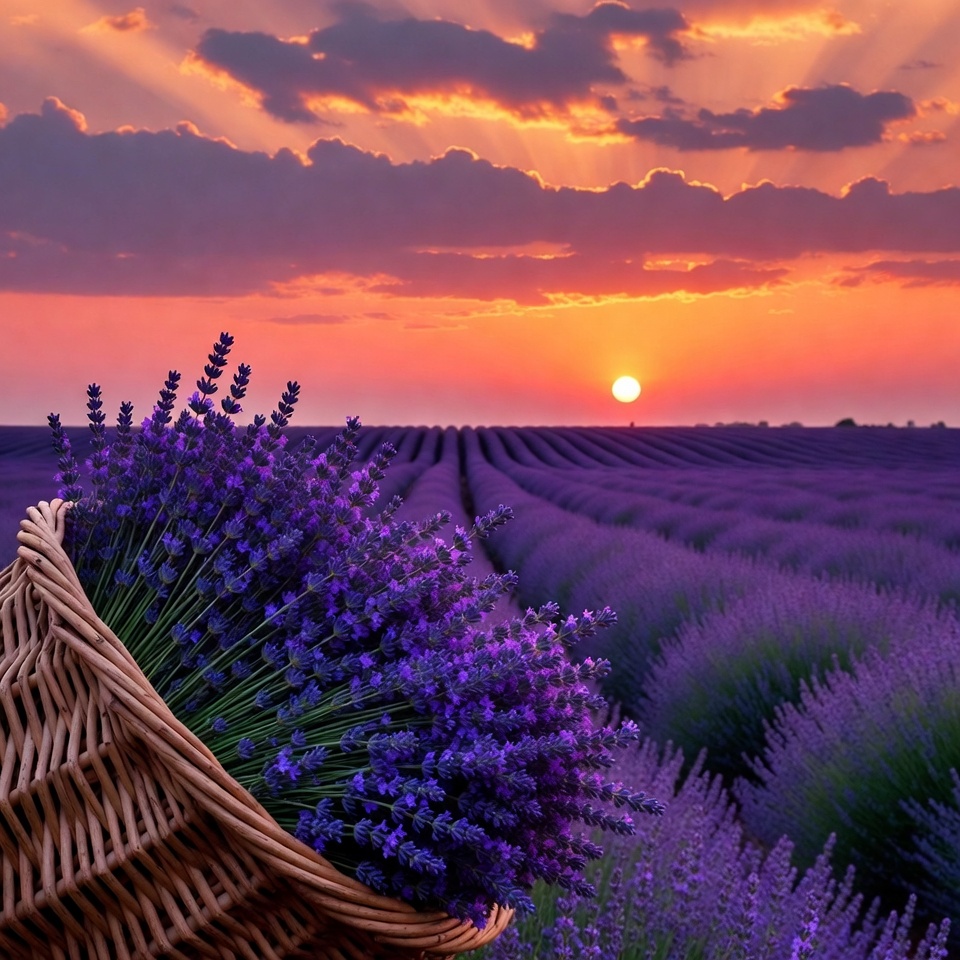 Lavender Field Sunset with Wicker Basket Lavender Field Sunset with Wicker Basket