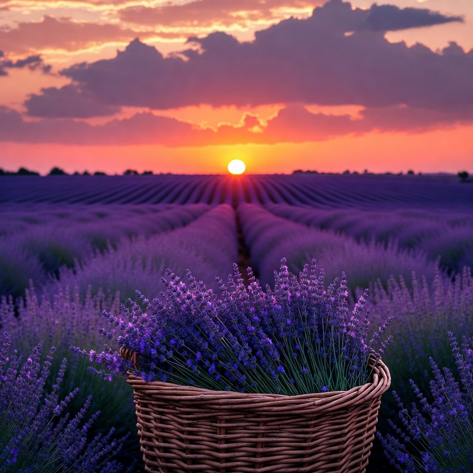 Lavender Field Sunset with Wicker Basket Lavender Field Sunset with Wicker Basket
