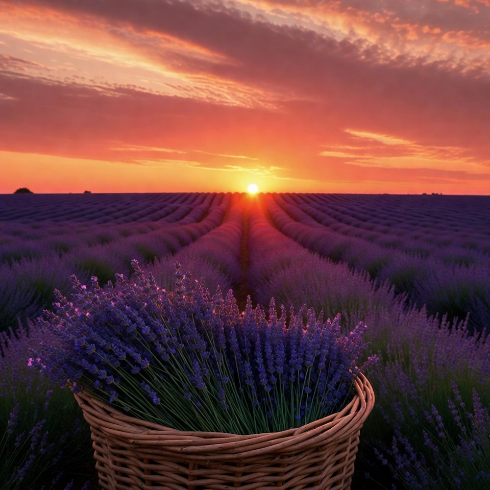 Lavender Field Sunset with Basket Lavender Field Sunset with Basket