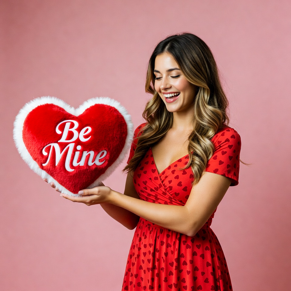 Woman holding Be Mine heart plush Woman holding Be Mine heart plush