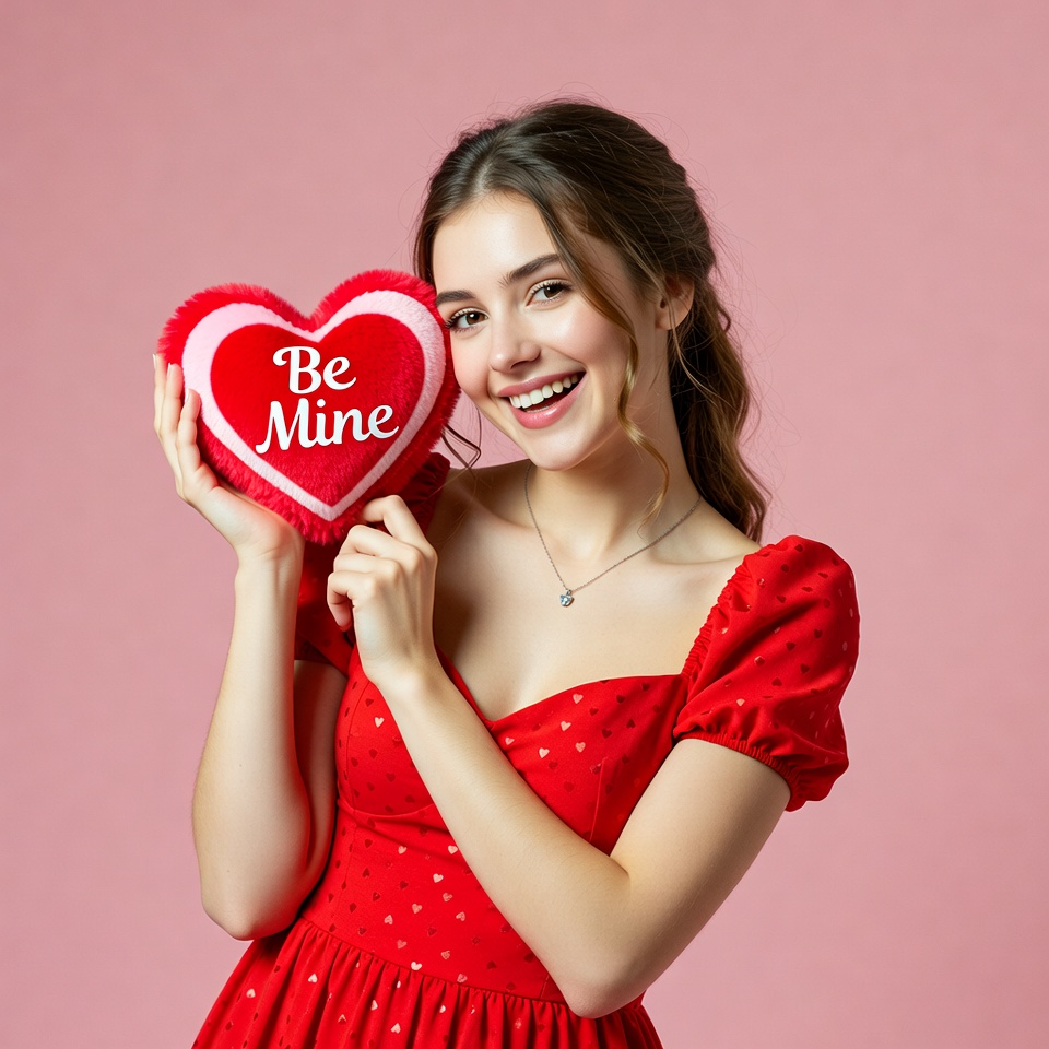 Woman holding Be Mine heart plush Woman holding Be Mine heart plush
