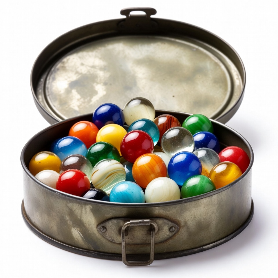 Colorful Marbles in Open Metal Tin Colorful Marbles in Open Metal Tin