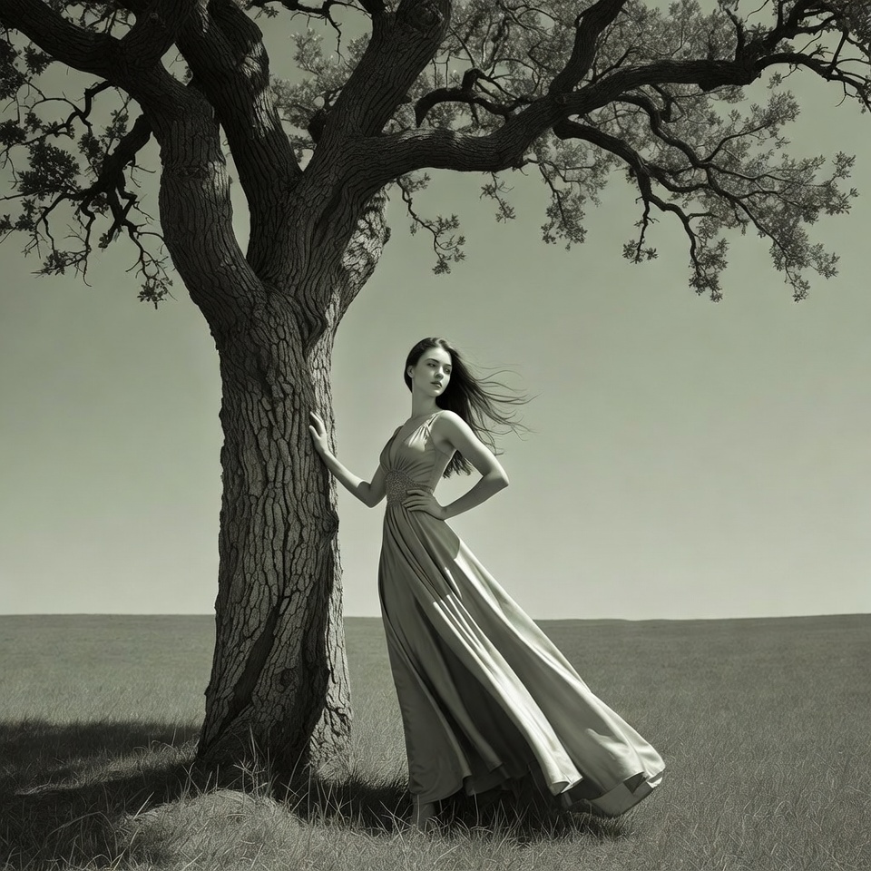 Woman in flowing gown by tree Woman in flowing gown by tree