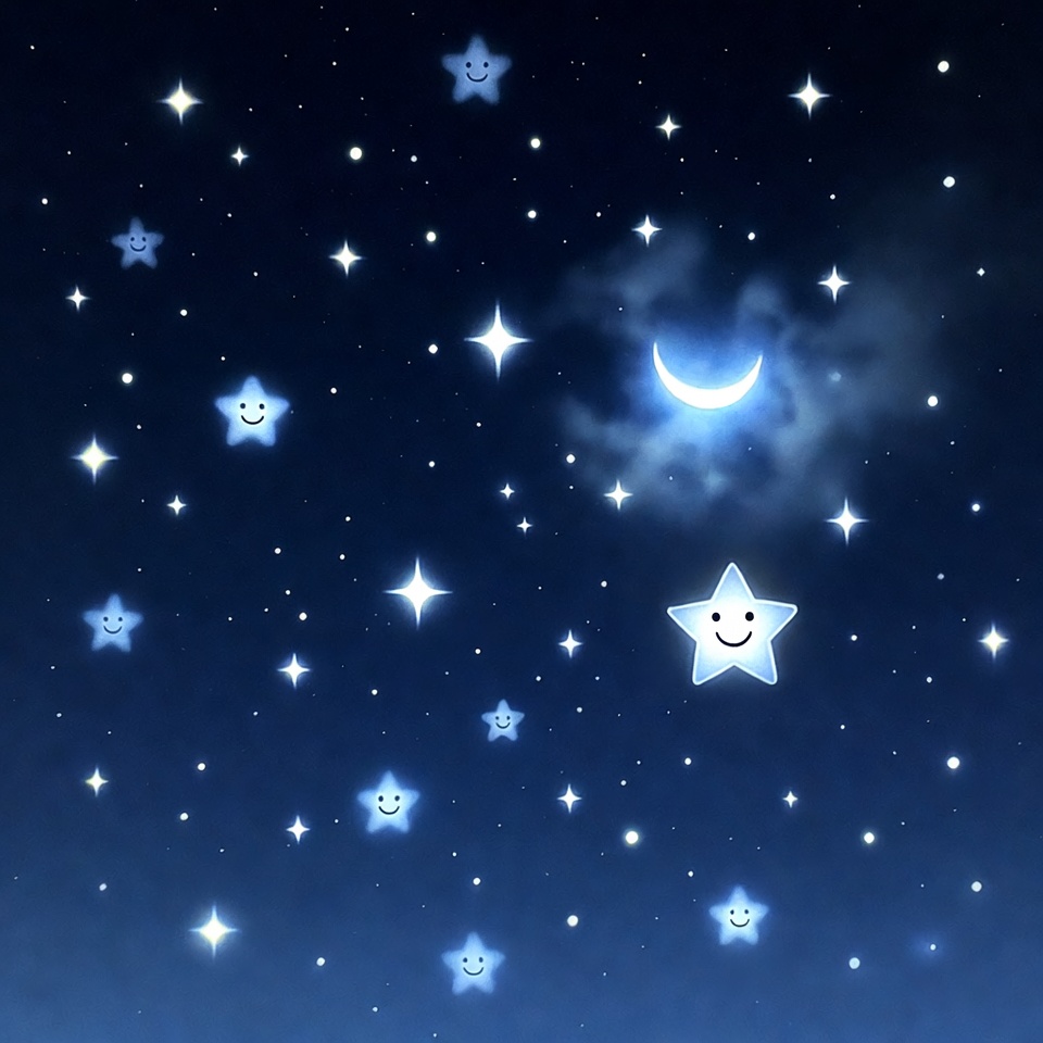 Cute Smiling Stars and Crescent Moon Night Sky Cute Smiling Stars and Crescent Moon Night Sky