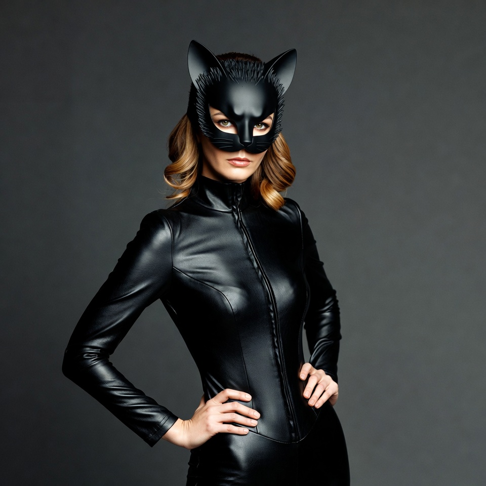 Woman in black catwoman mask and leather suit Woman in black catwoman mask and leather suit