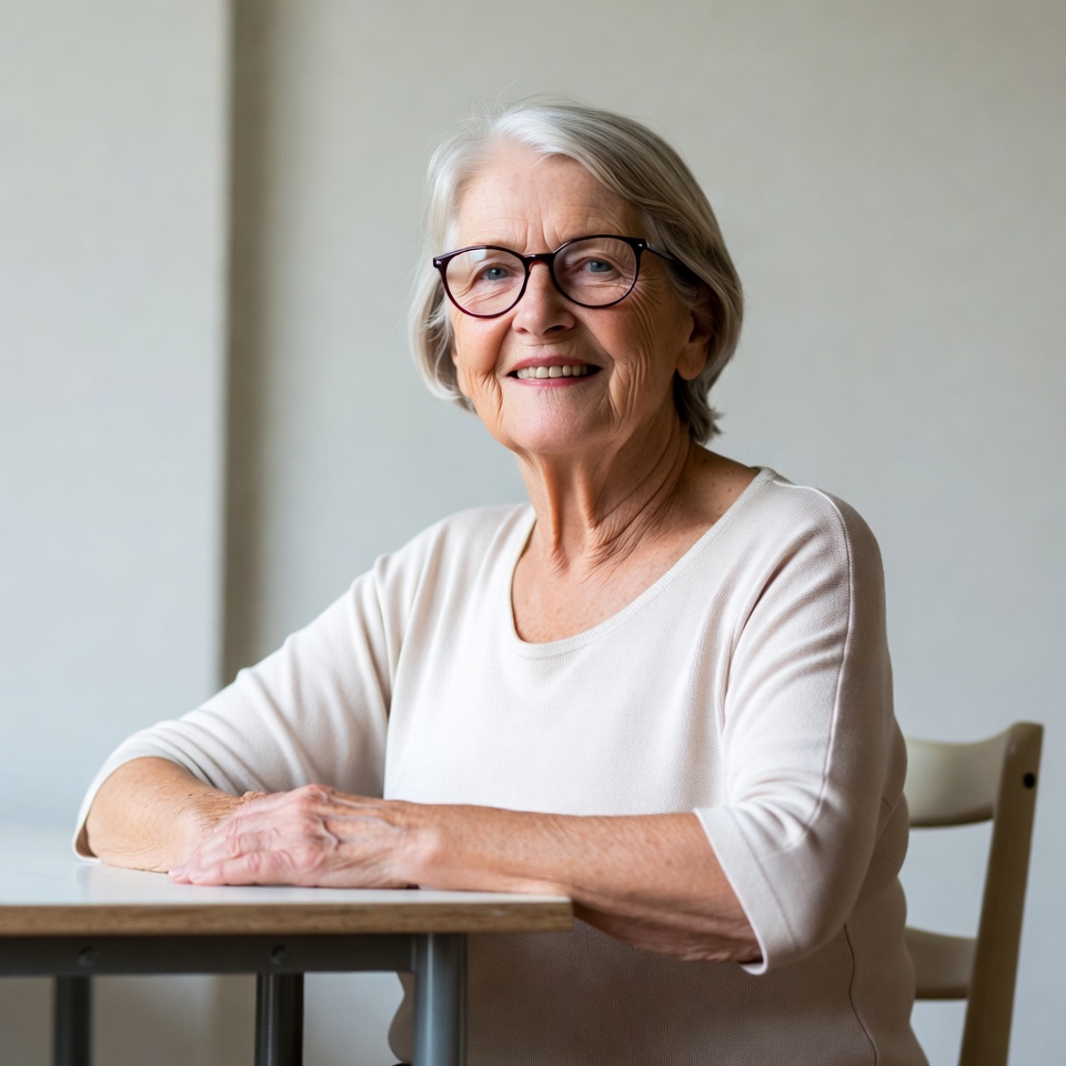 Elderly woman smiling at table Elderly woman smiling at table
