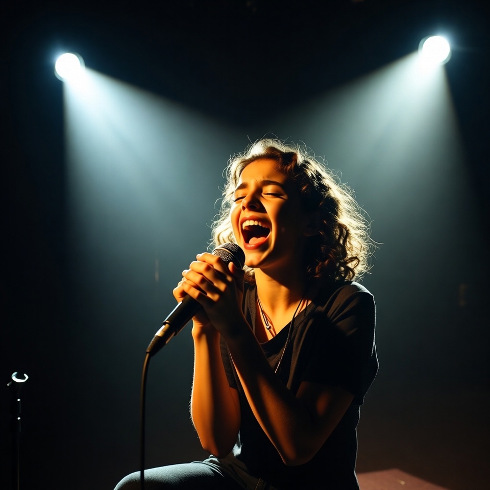 Woman singing passionately with microphone Woman singing passionately with microphone