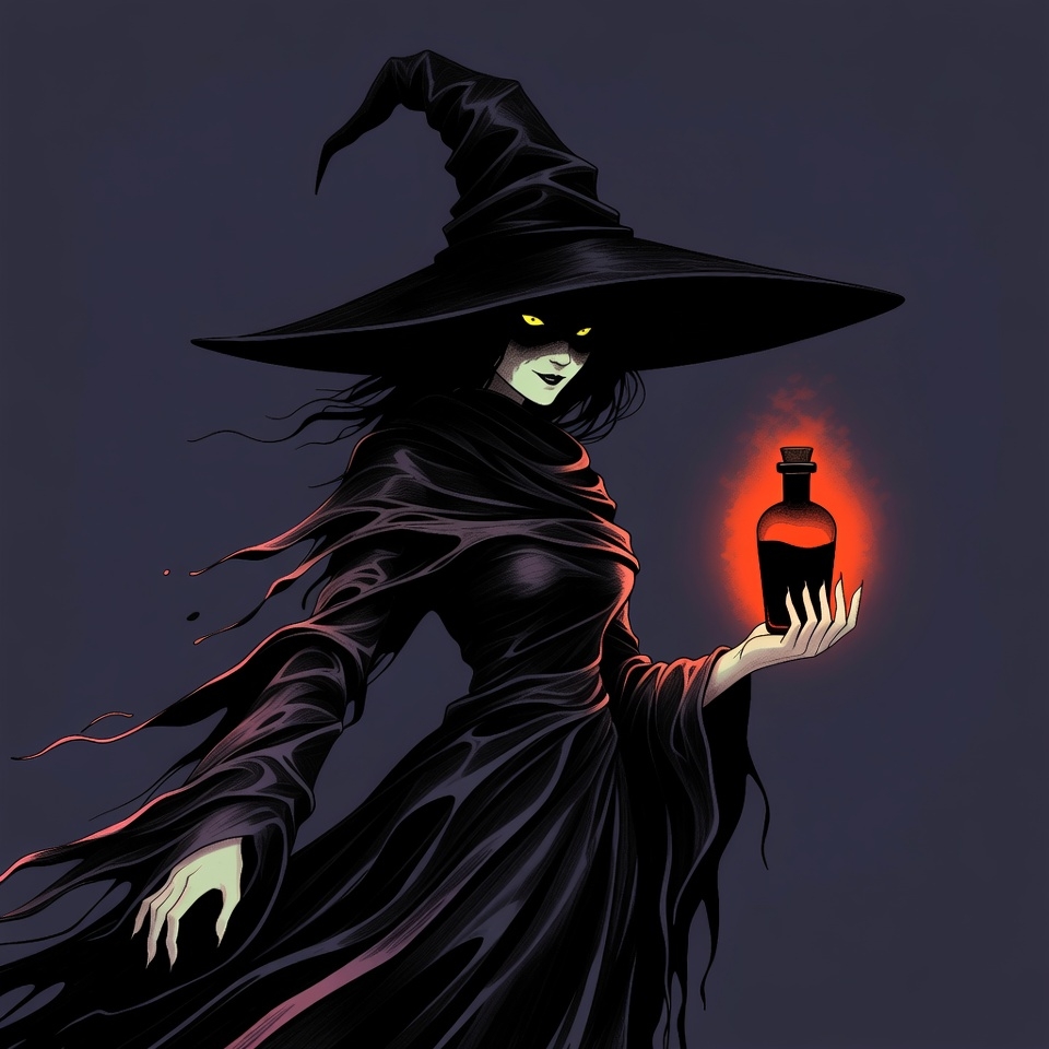 Witch holding glowing potion bottle Witch holding glowing potion bottle