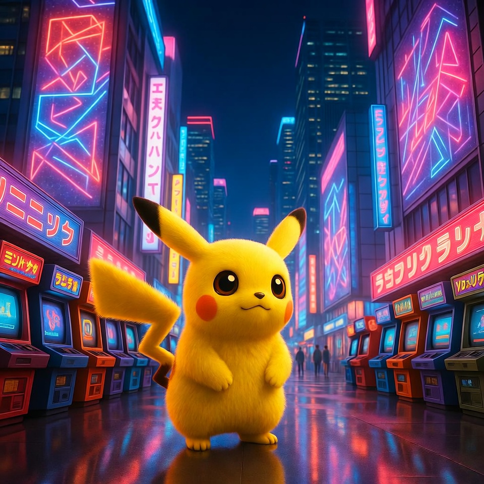 Pikachu in neon-lit city street Pikachu in neon-lit city street