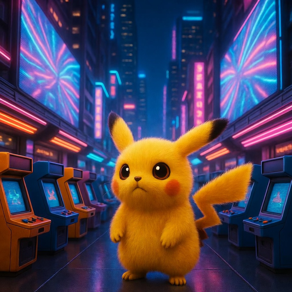 Pikachu in neon cyberpunk arcade street Pikachu in neon cyberpunk arcade street