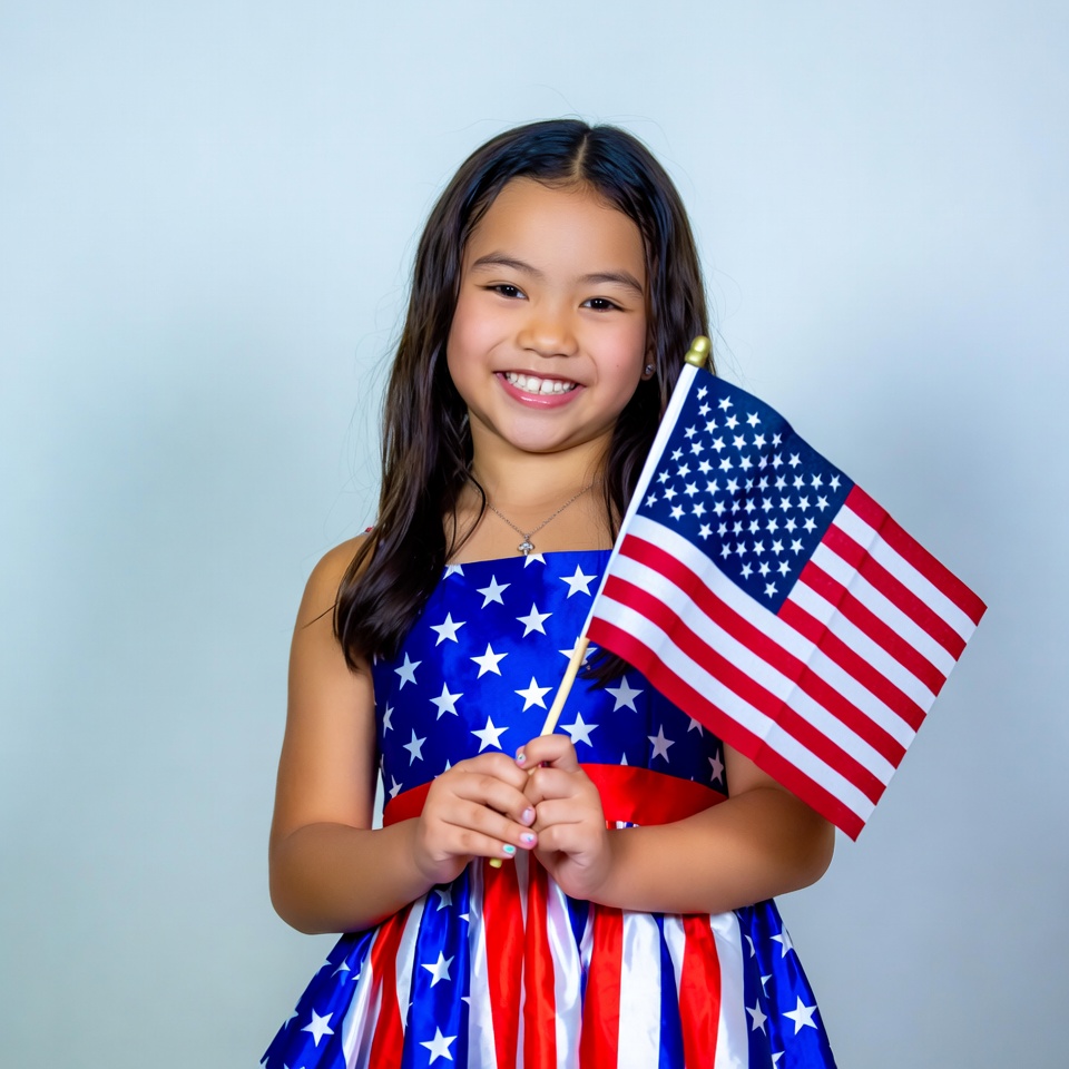 Asian girl holding American flag Asian girl holding American flag