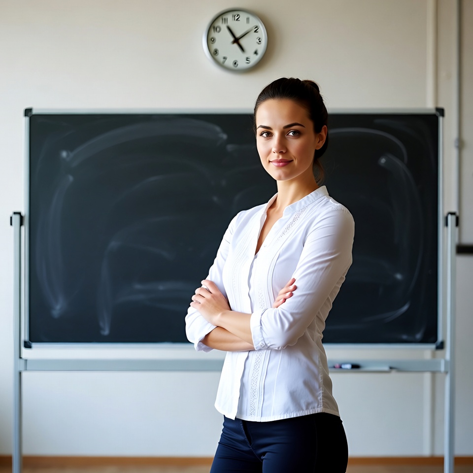 Woman standing in front of blackboard Woman standing in front of blackboard