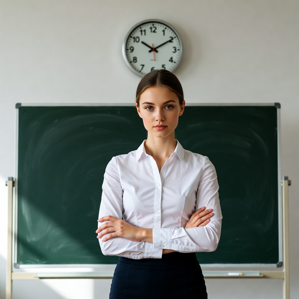 Young woman standing arms crossed by blackboard Young woman standing arms crossed by blackboard