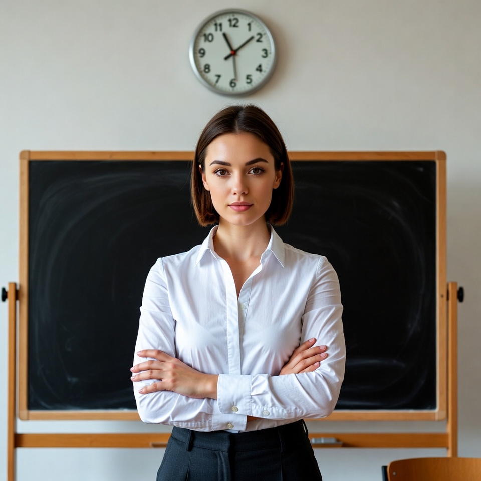 Woman standing arms crossed by blackboard Woman standing arms crossed by blackboard