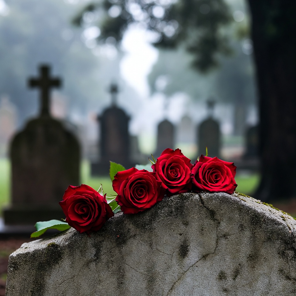 Red Roses on Gravestone in Cemetery Red Roses on Gravestone in Cemetery