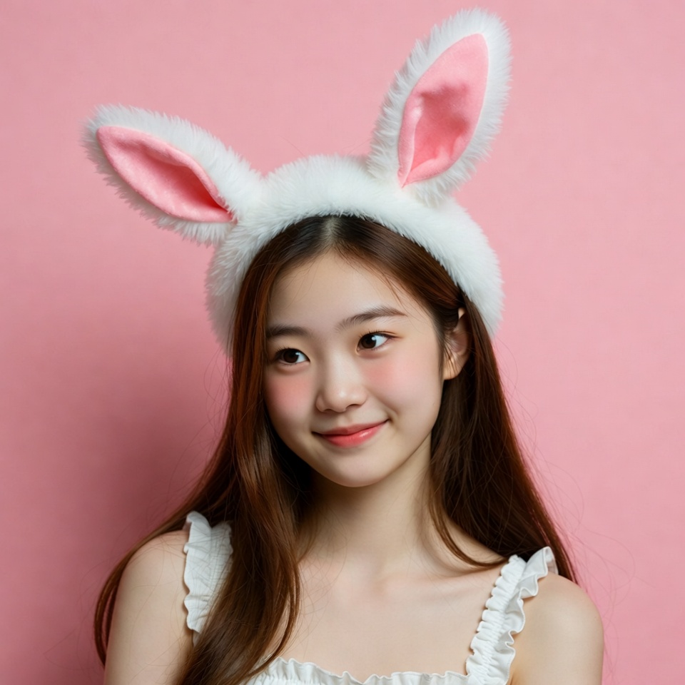 Asian girl wearing pink bunny ears Asian girl wearing pink bunny ears