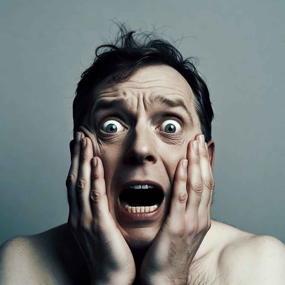 Man screaming with hands on face Man screaming with hands on face