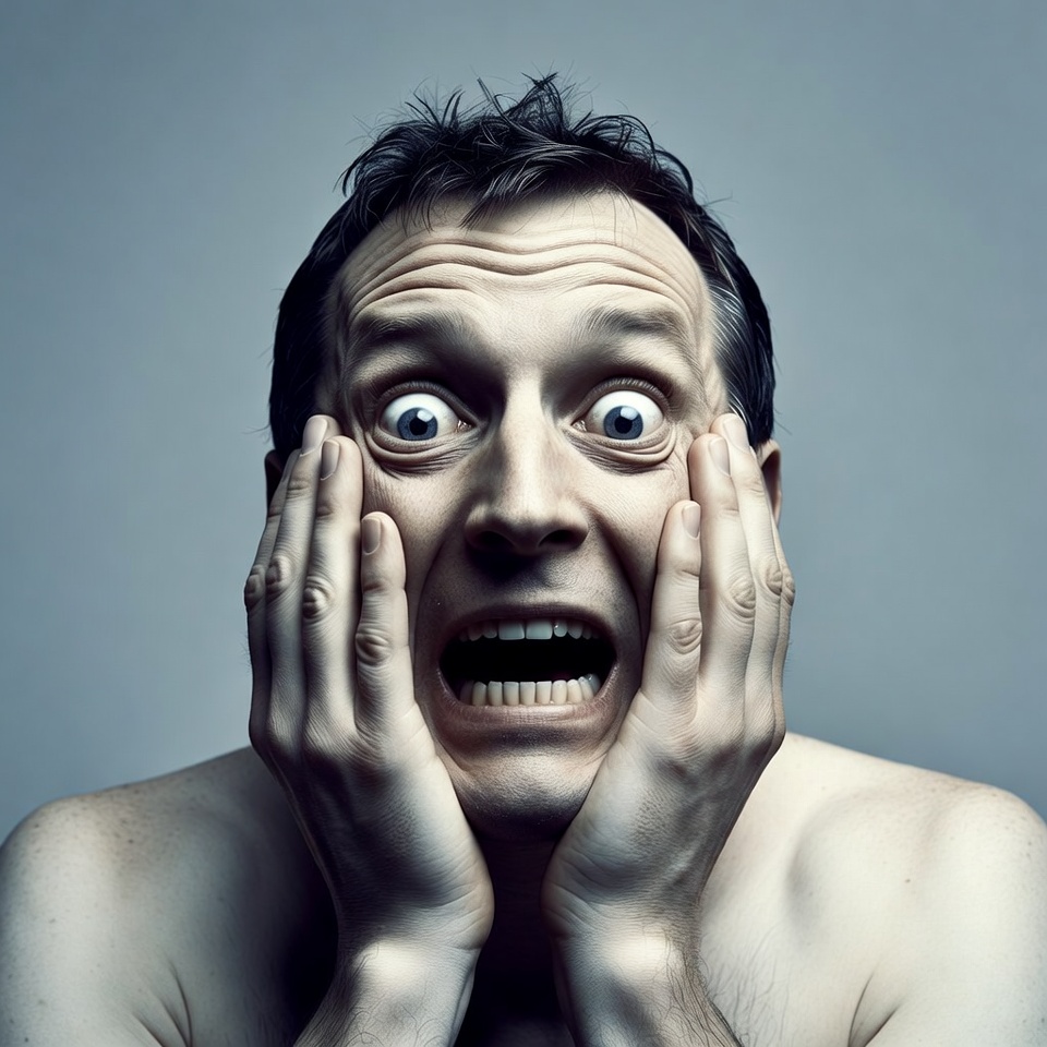 Man screaming with hands on face Man screaming with hands on face
