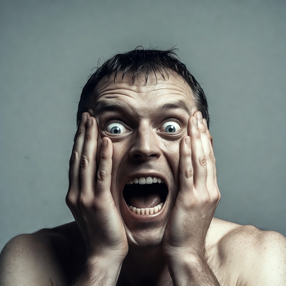 Man screaming with hands on face Man screaming with hands on face