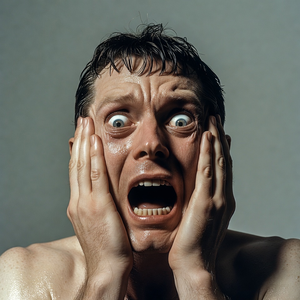 Man screaming with hands on face Man screaming with hands on face