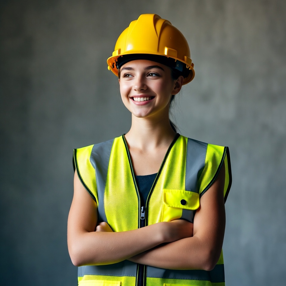 Young woman in hard hat and vest Young woman in hard hat and vest