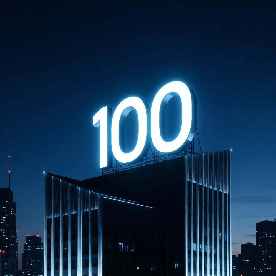 Glowing 100 Sign on Night Building Glowing 100 Sign on Night Building