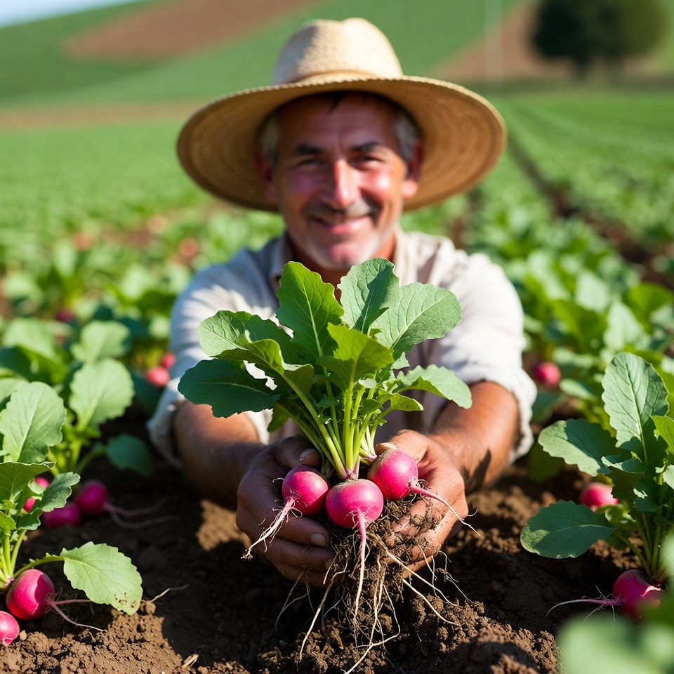 Farmer holding fresh radishes in field Farmer holding fresh radishes in field